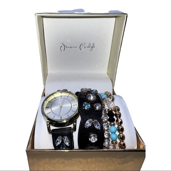 Jessica Carlyle Analog Black Jeweled Strap Watch 34mm w/ Matching Bracelets Set - Picture 3 of 5